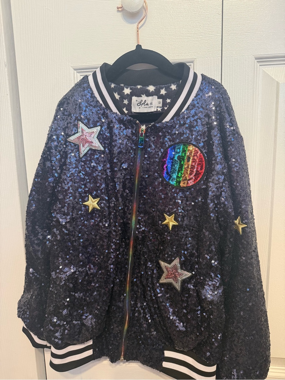 lola Black Sequin Bomber Jacket with Rainbow Patch & Gold Stars